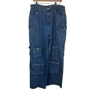 Fashion Nova Womens cargo wide leg Jeans Size 16 Blue Lilly High Rise Cargo NWT